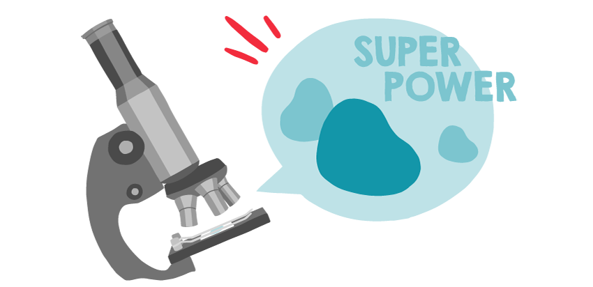 Auf der Illustration ist ein Mikroskop sichtbar, wodurch die Gewebemerkmale ausgewertet werden. Eine Sprechblase zeigt die Zellen und beschreibt sie als "Super Power".